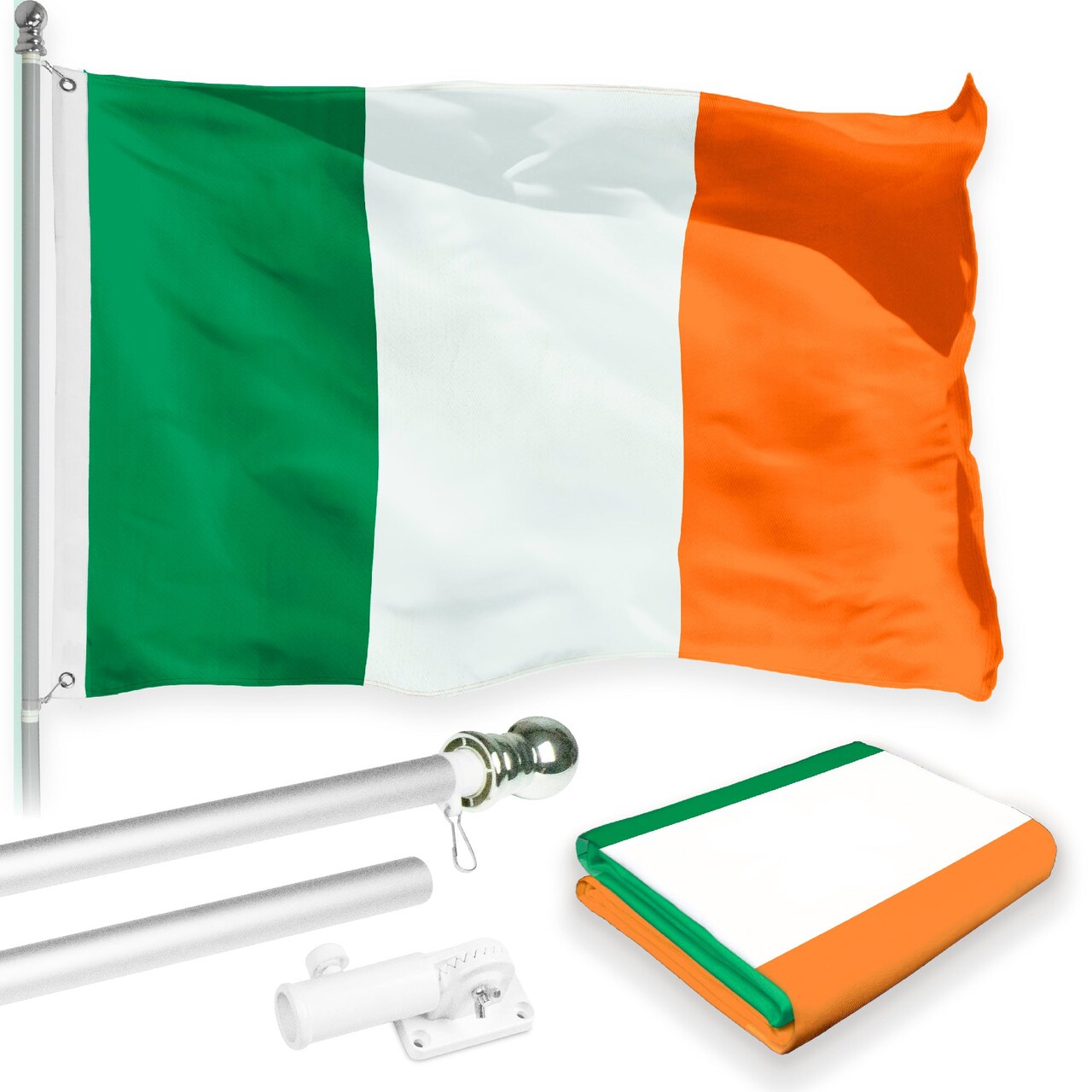 G128 Combo Pack: 6 Feet Tangle Free Spinning Flagpole (Silver) Ireland Irish Flag 3x5 ft Printed 150D Brass Grommets (Flag Included) Aluminum Flag Pole